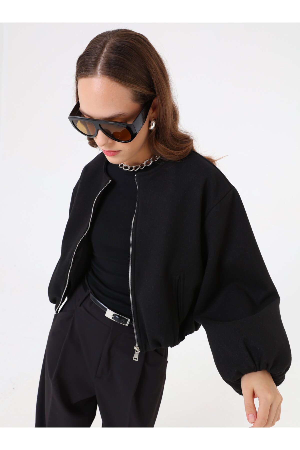 Refka  Balon Kollu Fermuarlı Kısa Kaban - Siyah - - Görsel 3