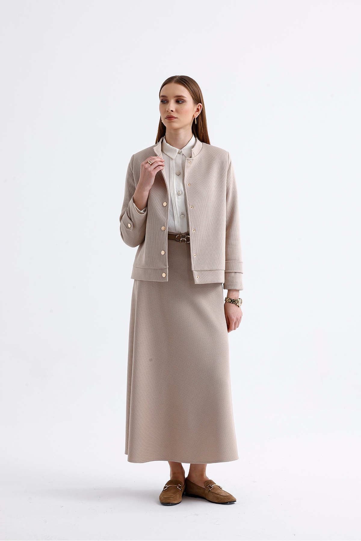 miere  Kadın Gold Düğme Detaylı Kemerli Nora Ceket - Görsel 6