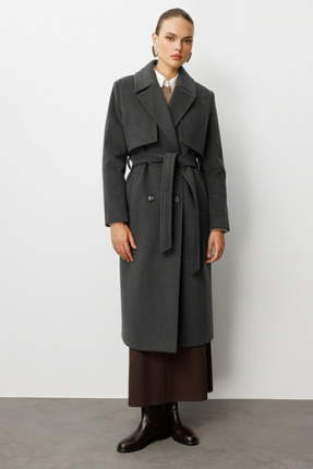 Mizalle Yünlü Kaşe Dokulu Antrasit Uzun Trençkot Kaban