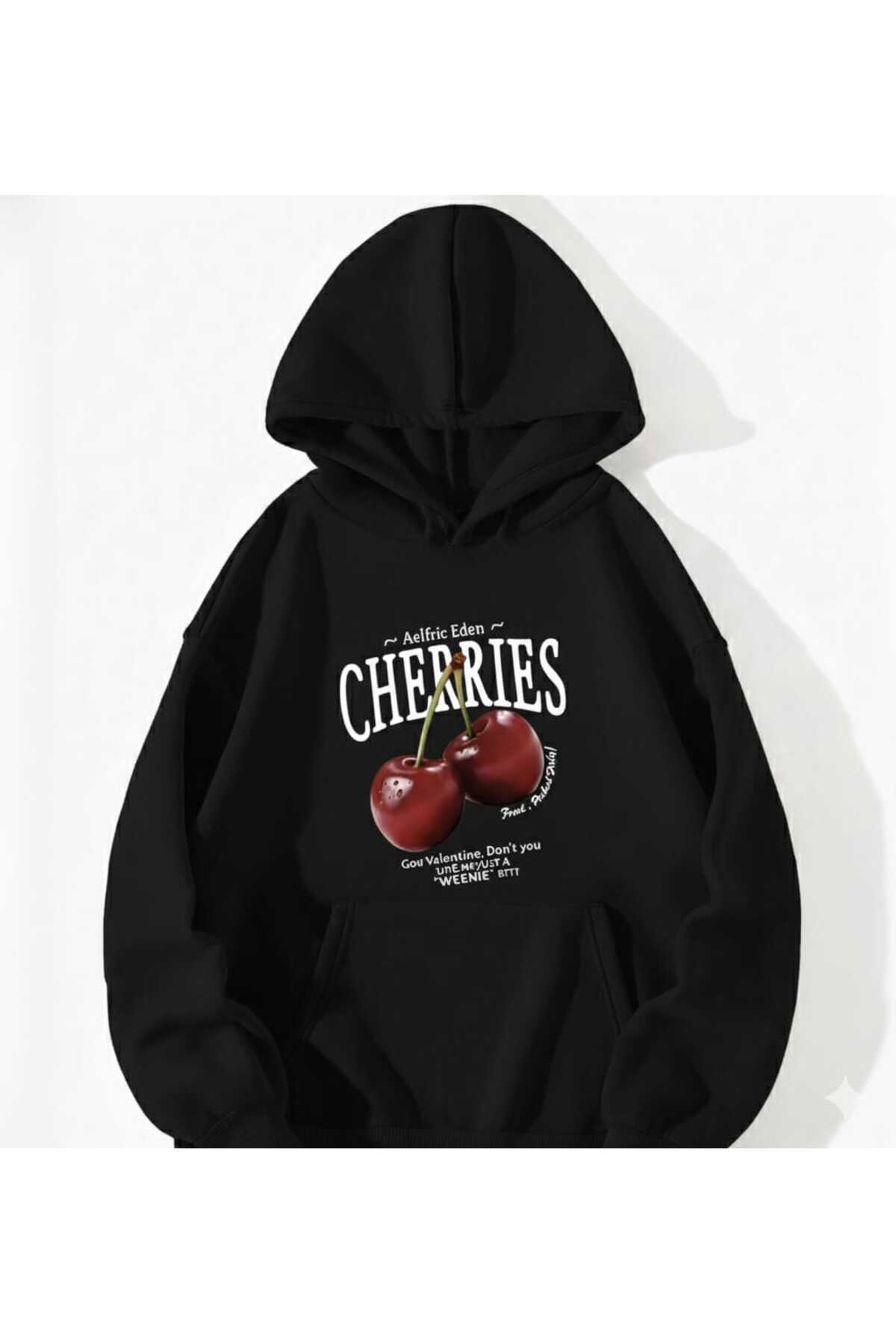 COHERENT Unisex Erkek/Kadın CHERRIES Renkli Özel Baskılı Pamuklu Oversize Kapüşonlu Sweatshirt