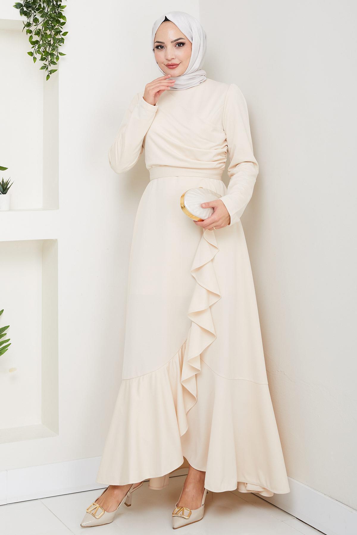hafsamina Eteği Fırfırlı Drapeli Elbise Krem HM2419