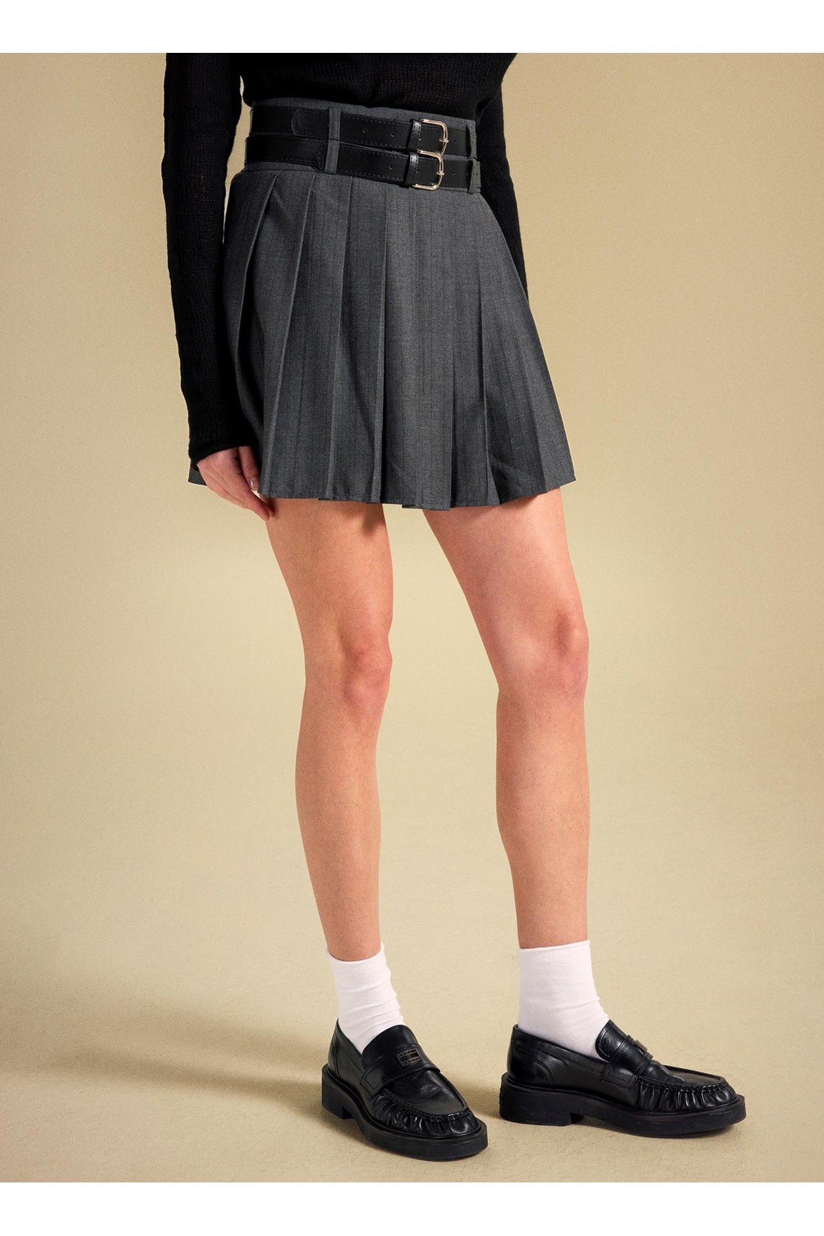 People By Fabrika  Yüksek Bel Antrasit Kadın Piliseli Mini Etek PBF5WL-ETK5106 - Görsel 7