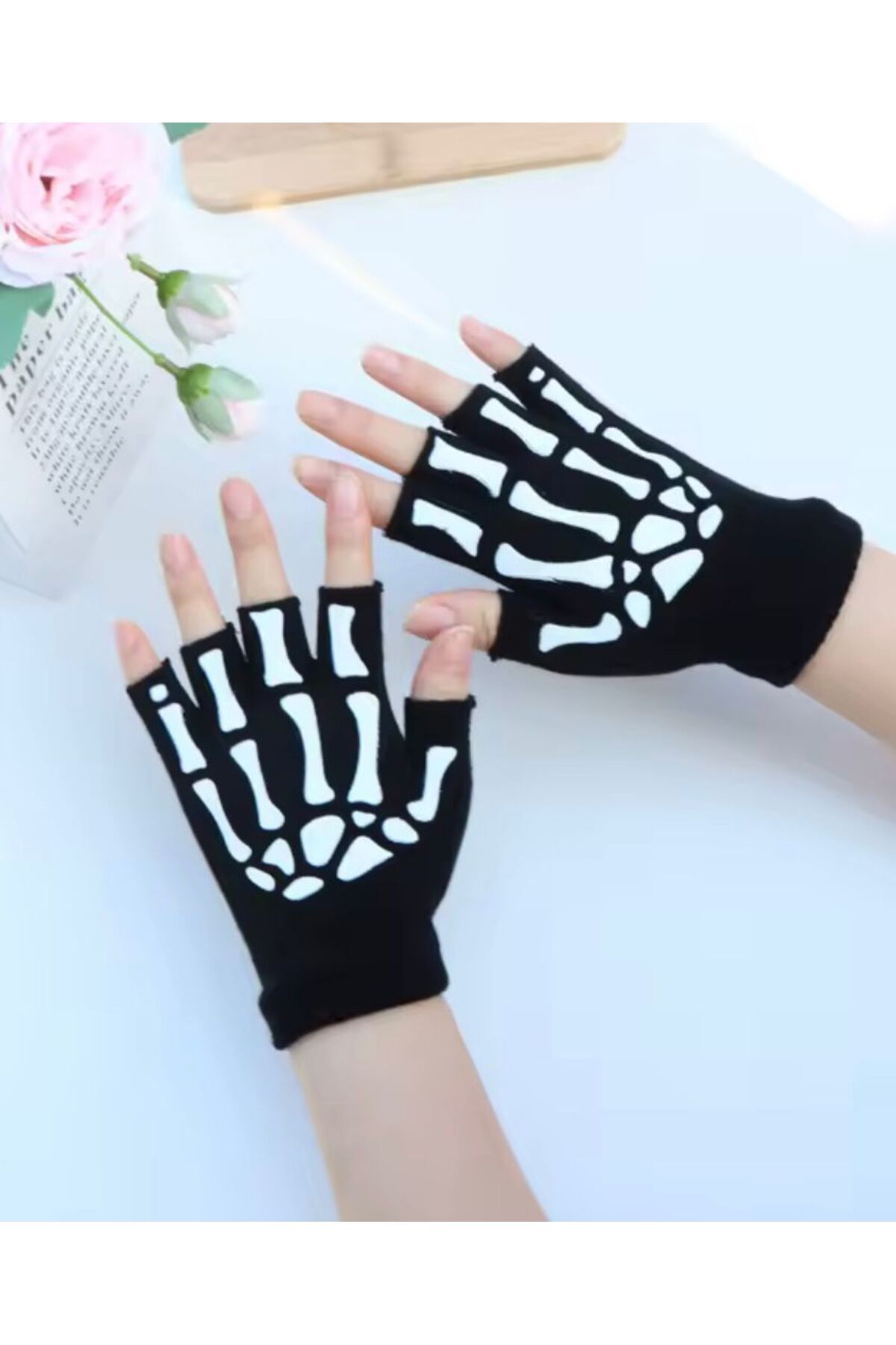 Arescollection siyah iskelet baskılı kesik parmak gotik unisex eldiven