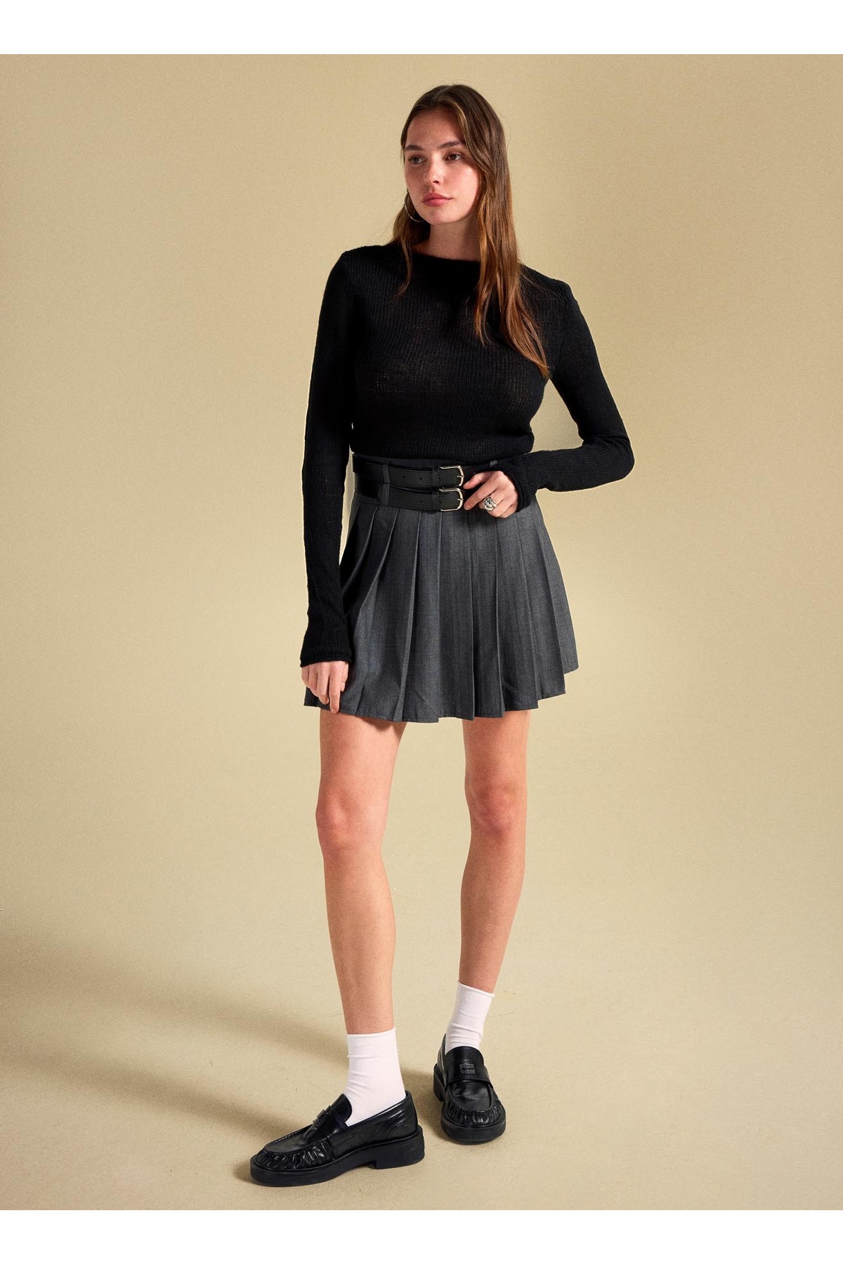 People By Fabrika  Yüksek Bel Antrasit Kadın Piliseli Mini Etek PBF5WL-ETK5106 - Görsel 3