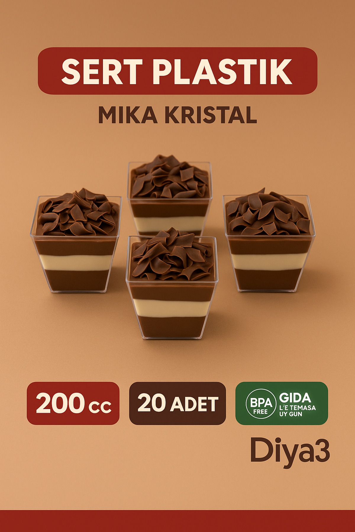 DİYA3 20'li 200Cc Kübik Prizma Mika Magnolya Kase Plastik Tatlı Sunum Kabı Dondurma Puding Meze Salata Cup