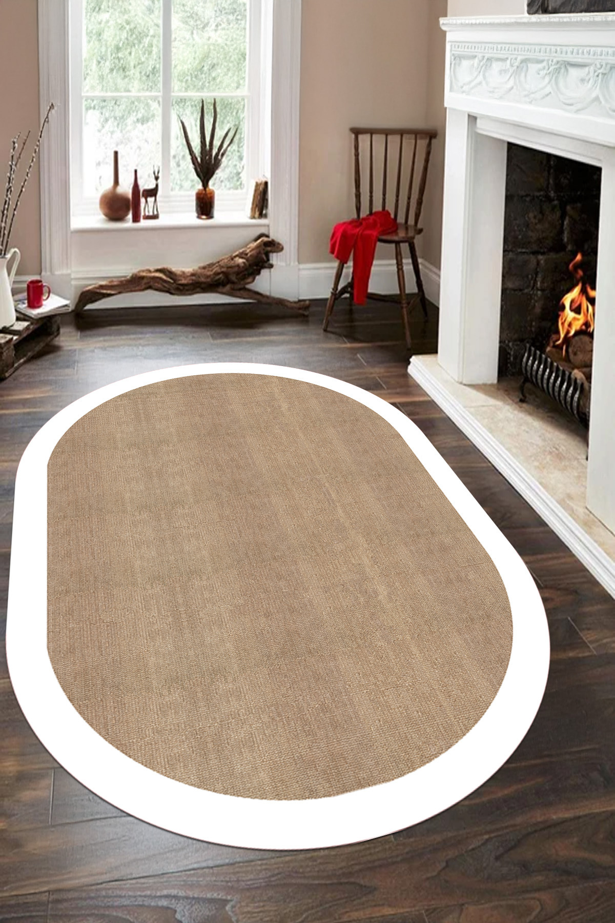 Simple Frame Model Jute Oval Living Room Rug with Digital Printed Washable and Non-Slip Base