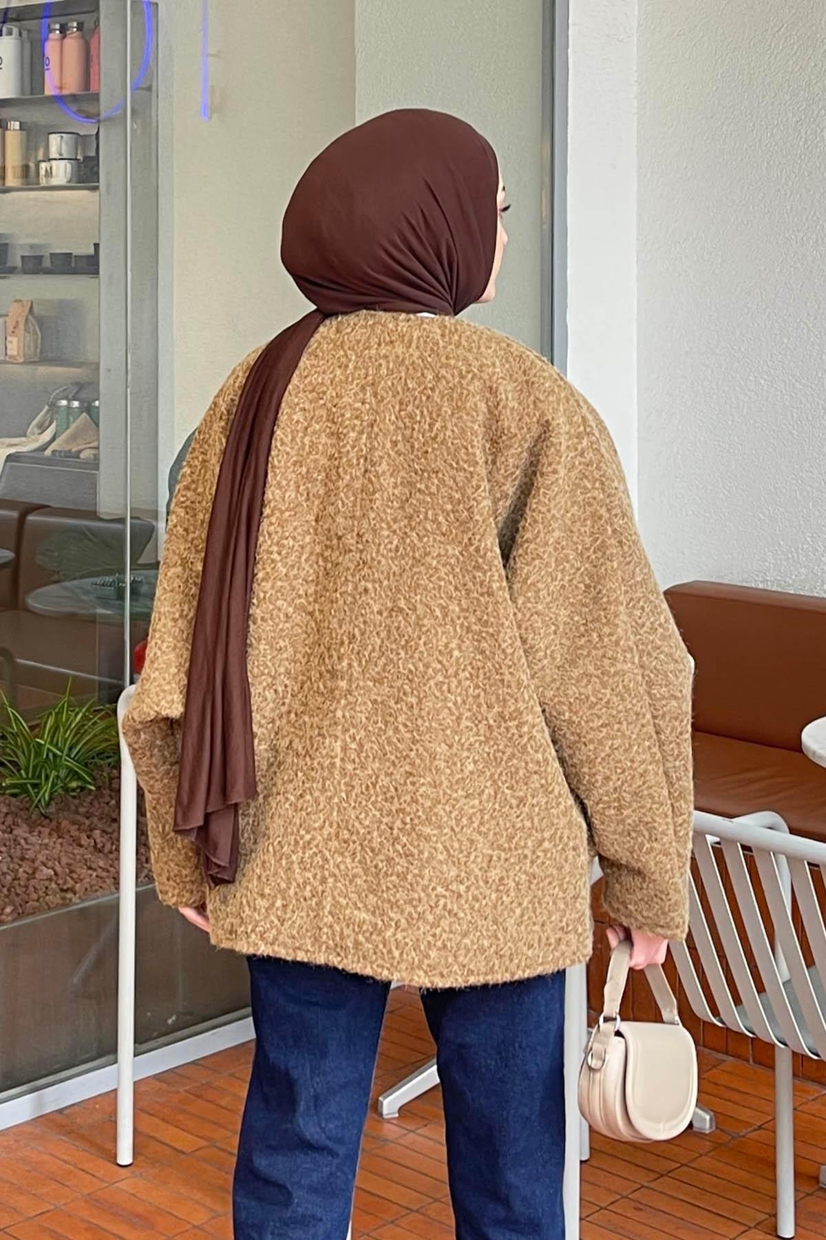 lamelif Bağlamalı Kaşe Kimono Camel görsel 4