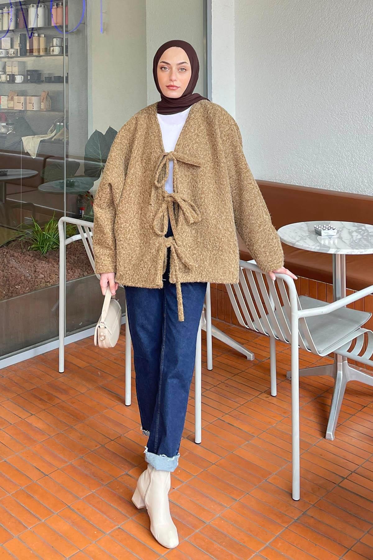 lamelif Bağlamalı Kaşe Kimono Camel