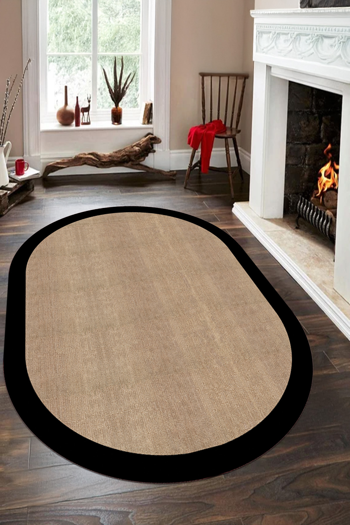 Simple Frame Model Jute Oval Living Room Rug with Digital Printed Washable and Non-Slip Base