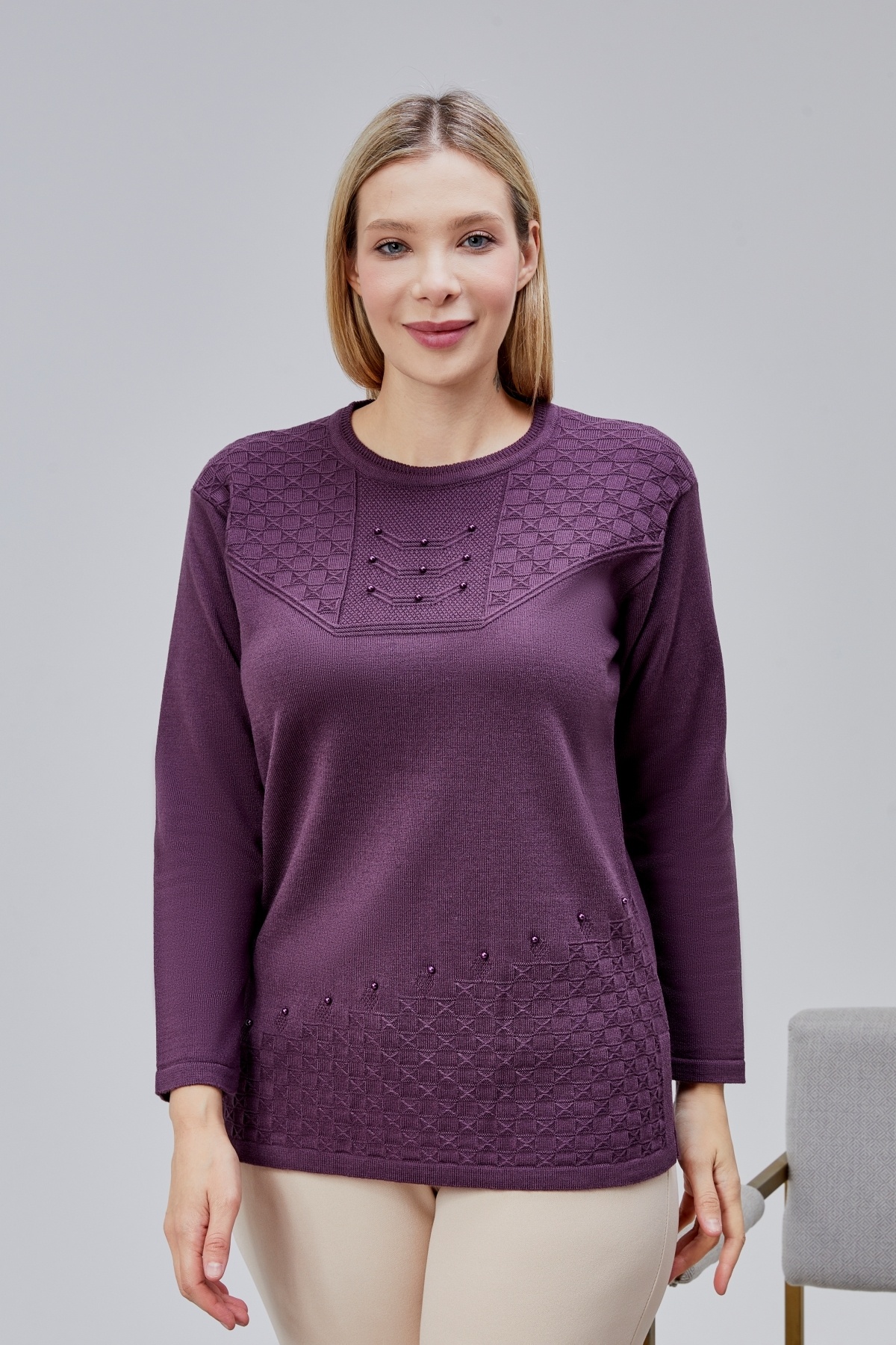 Jinx Wear Fashion  Kadın Triko Yaka İnci Detay Kışlık Orta Yaş Günlük Anne Bluz Kazak - Görsel 6