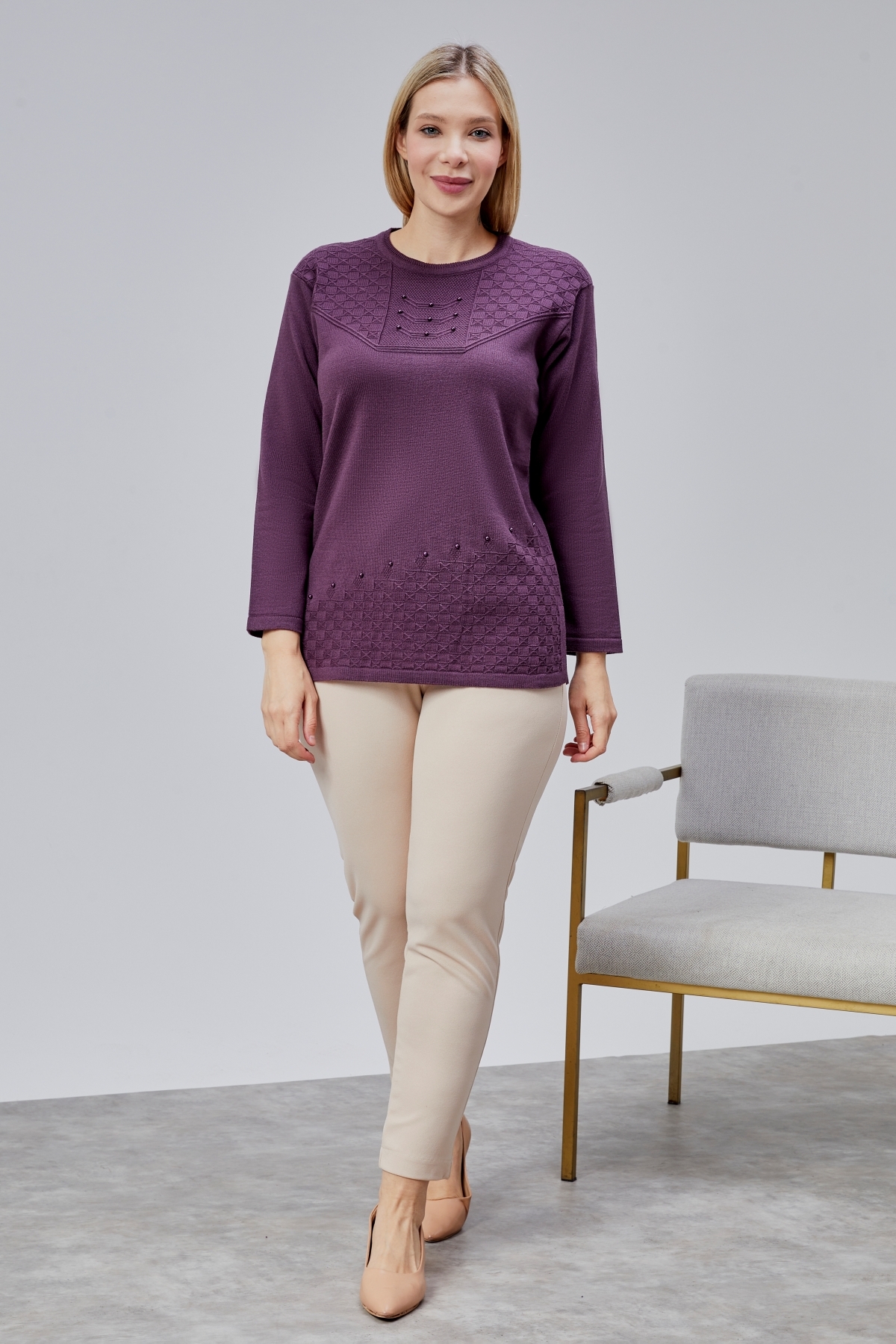 Jinx Wear Fashion  Kadın Triko Yaka İnci Detay Kışlık Orta Yaş Günlük Anne Bluz Kazak - Görsel 5