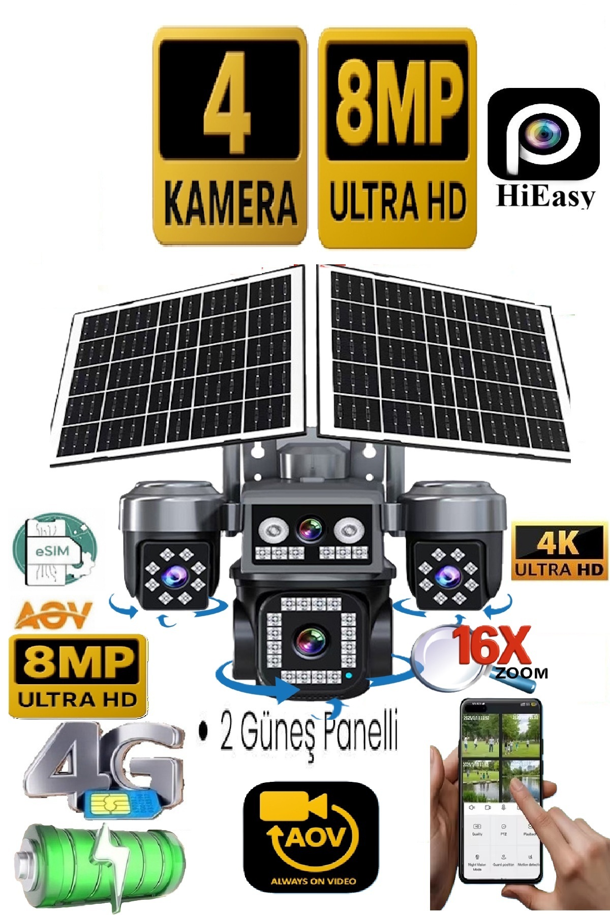 TRCharger 8MP 4 Kameralı 4G Sim Kartlı Çift Solar Panel AOV 16X Zoom Gece Görüşlü Güvenlik Kamerası