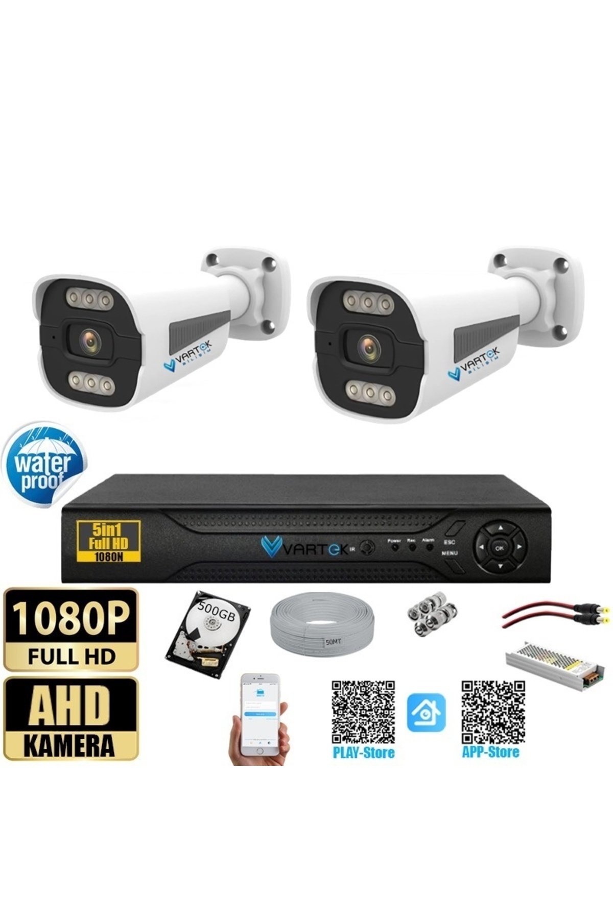 VARTEK BİLİŞİM 2 Kameralı Set - 500 GB Zebra Kasa Gece Renkli Full HD Güvenlik Kamerası Sistemi