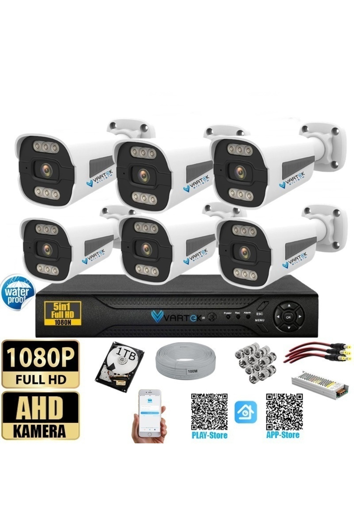 VARTEK BİLİŞİM 6 Kameralı Set - 1000 GB Zebra Kasa Gece Renkli Full HD Güvenlik Kamerası Sistemi