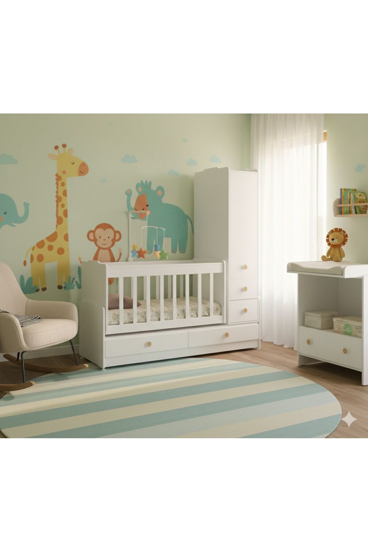 BANANA BABY BONA DOLAPLI 4 ÇEKMECELİ 60*120 BÜYÜYEN SALLANIR SABİTLENİR ANNEYANI YATAK HEDİYELİ BEŞİK