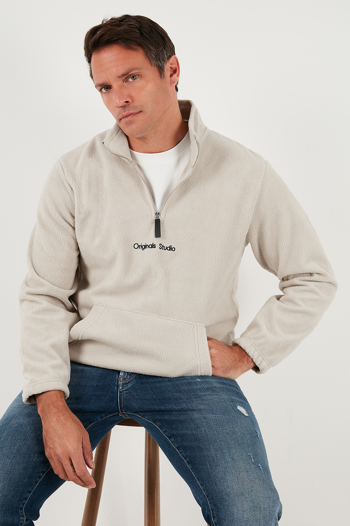 بوراتی ژاکت مردانه یقه ایستاده نیم زیپ معمولی، بافت نرم، مدل SWEAT 59060661