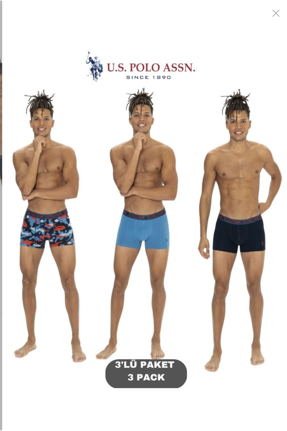 یو اس پولو شورت بوکس مردانه دارای مجوز، ۹۵٪ پنبه و ۶٪ الاستین، بسته ۳ عددی (جعبه‌ای)