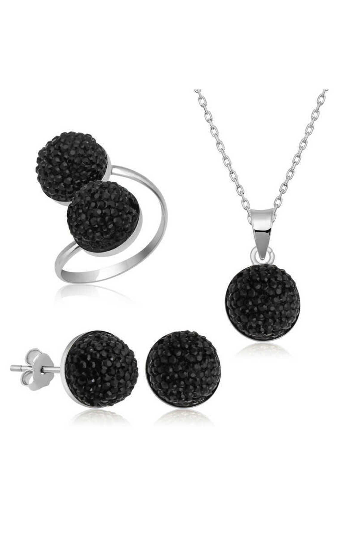 Lokiboo 925 Ayar Gümüş Siyah Kristal Kadın Set
