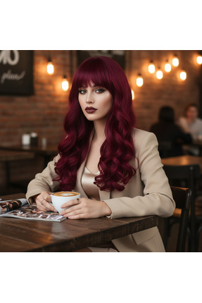 Marsilyan Dalgalı Perçemli Uzun Fiber Sentetik Peruk - Kızıl