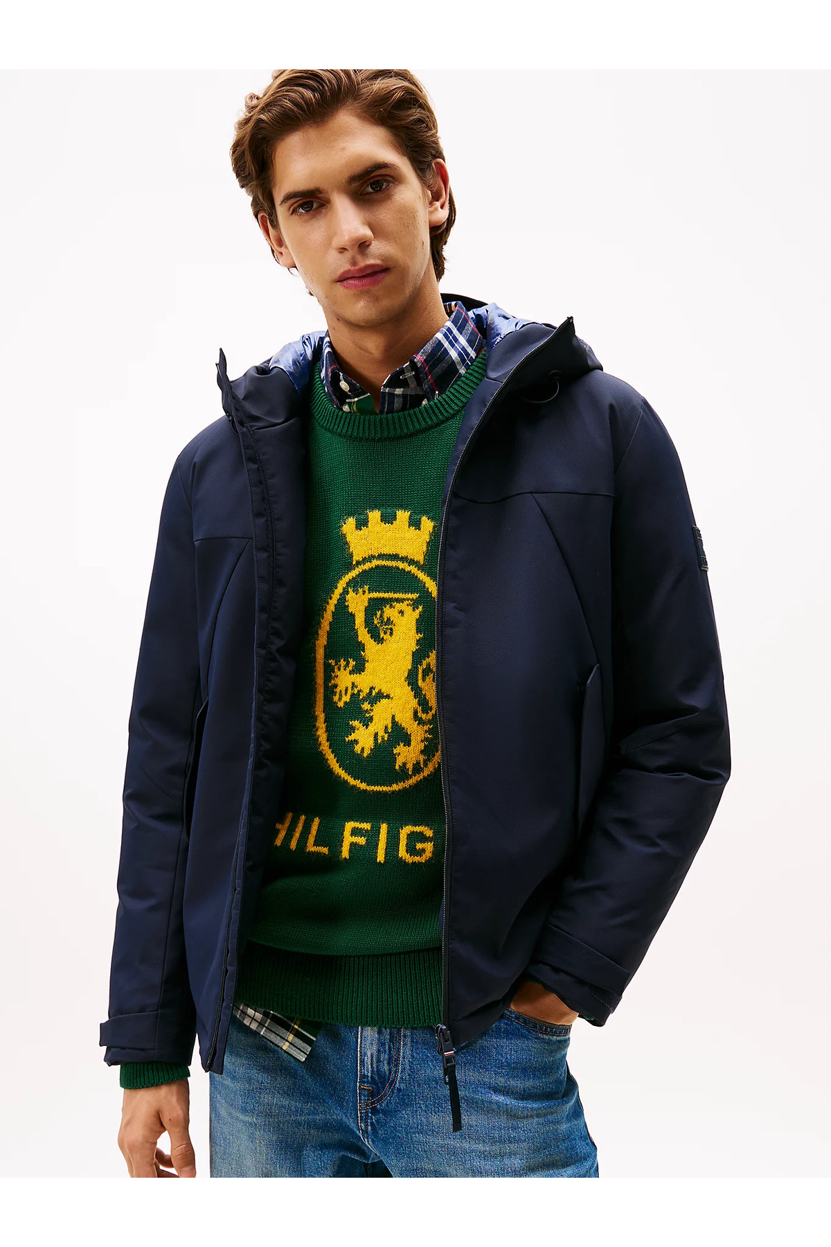 تامی هیلفیگر کاپشن مردانه آستین بلند یقه کلاه دار زیپ دار آبی MW0MW41363-DW5