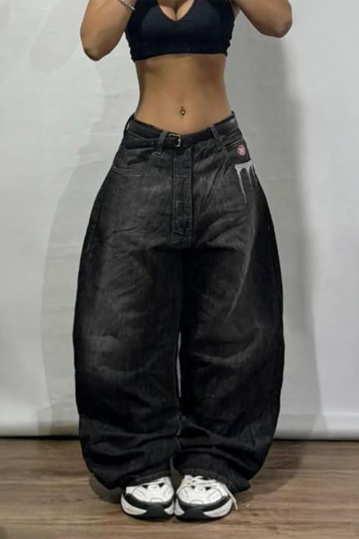 パンツ 00s PPFM fade black crushed pants Y2K Karakedi Siyah Grafiti Yıkamalı Harajuku Baggy Y2K Pantolon