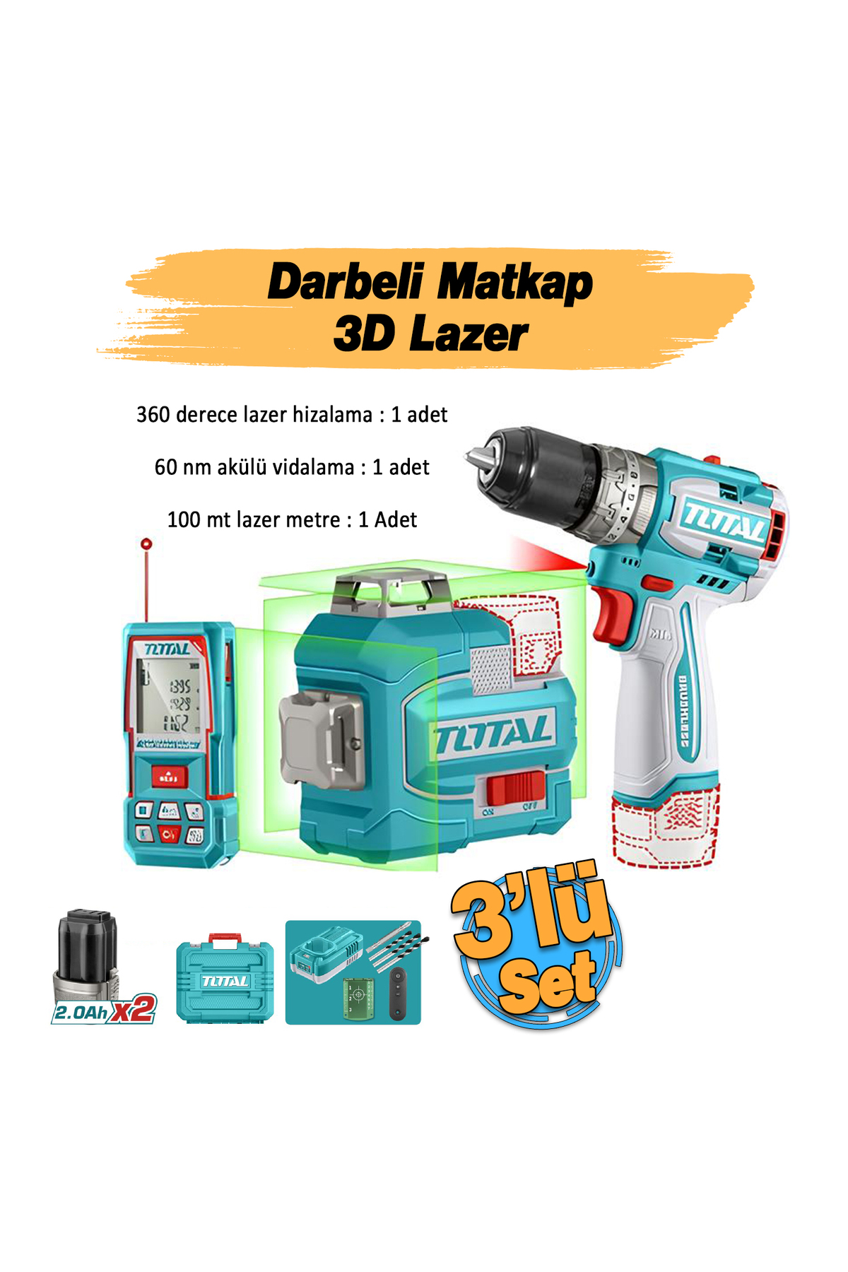 Total TOSLI250101E Avantaj 3'lü Set Darbeli Matkap 16V Kablosuz 3D