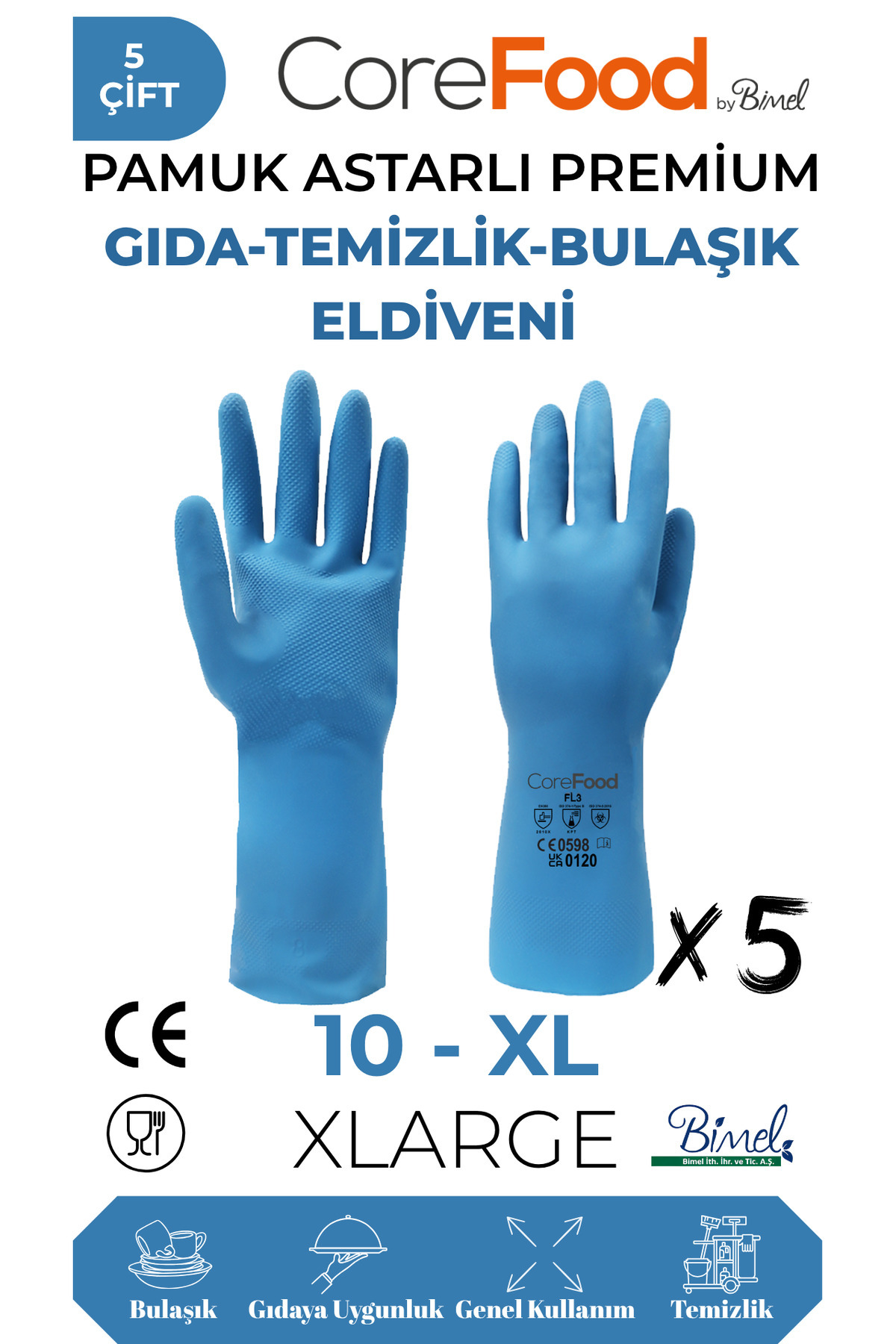 COREFOOD FL3 PAMUK ASTARLI PREMİUM GIDA-TEMİZLİK-BULAŞIK ELDİVENİ XL - 5 ÇİFT