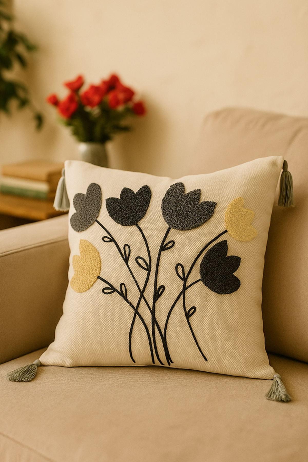 Sepetorium Modern Punch Boho Tarz Kırlent Kılıfı – Kabartmalı Çiçek Desenli Dekoratif Yastık