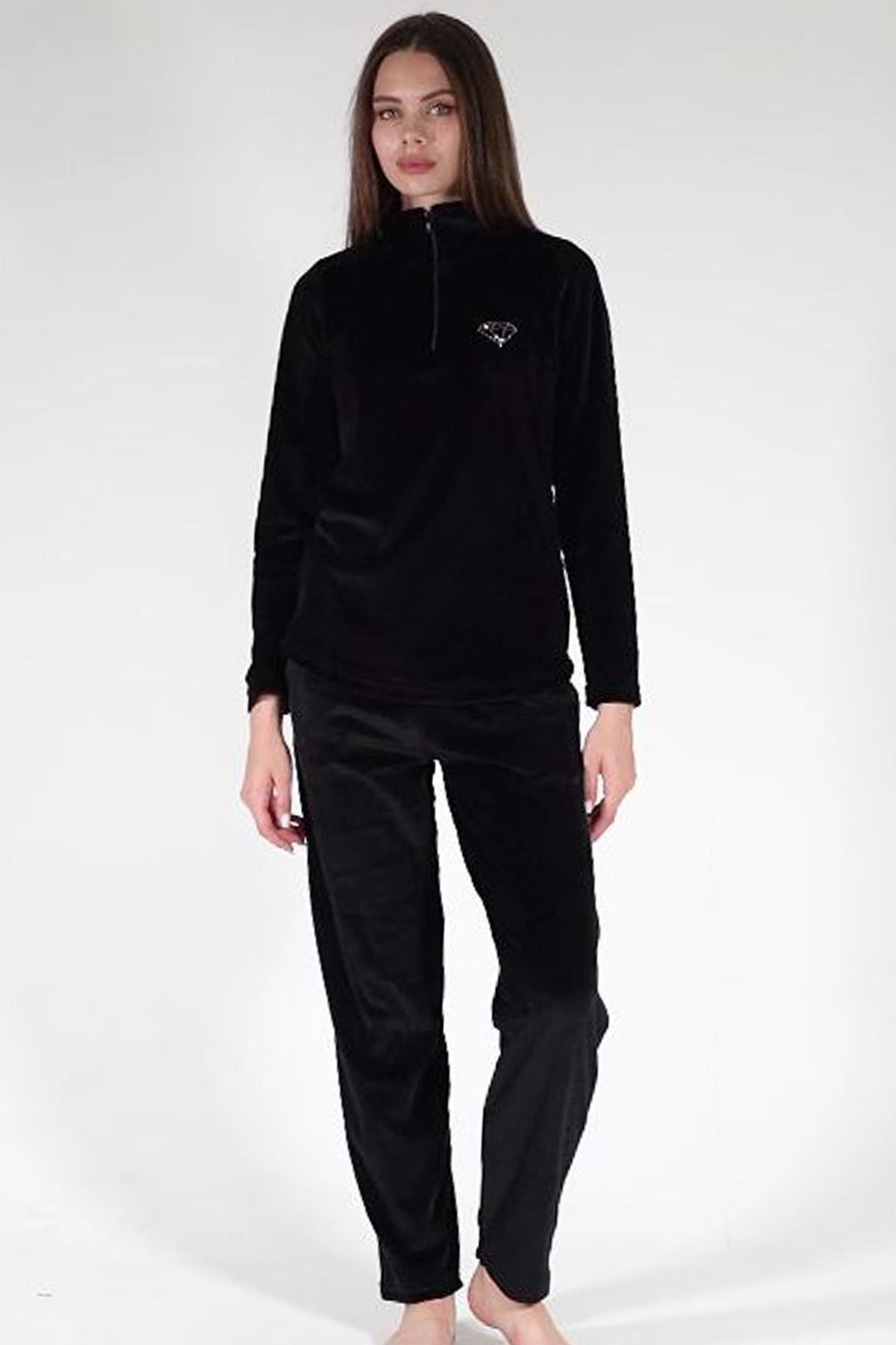 Women's Black Color Half Zippered Velvet Fabric Long Sleeve Flat Leg Pajamas Set C7T0N0603