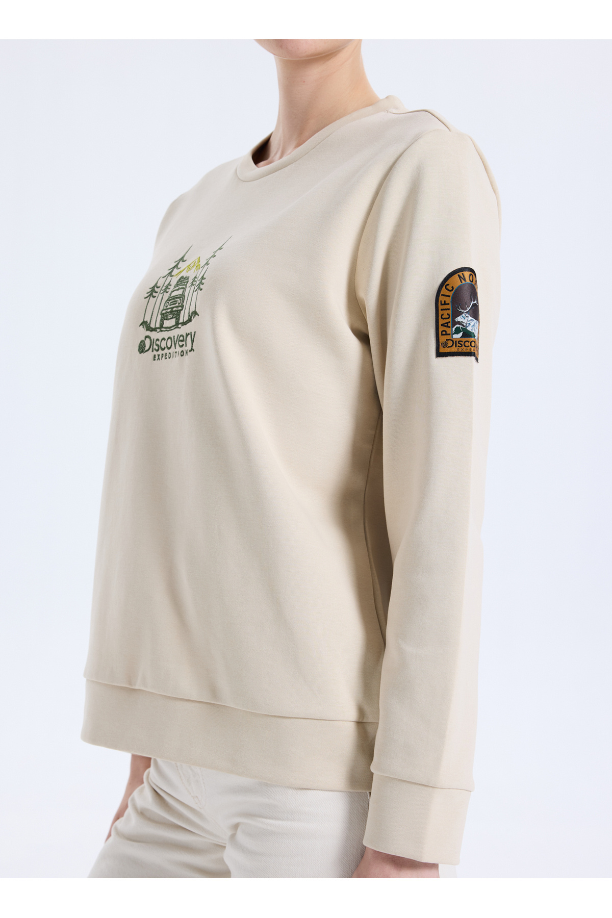 Discovery Expedition D5WL-SWT3612 Bej Bisiklet Yaka Relaxed Nakışlı Kadın Sweatshırt görsel 4