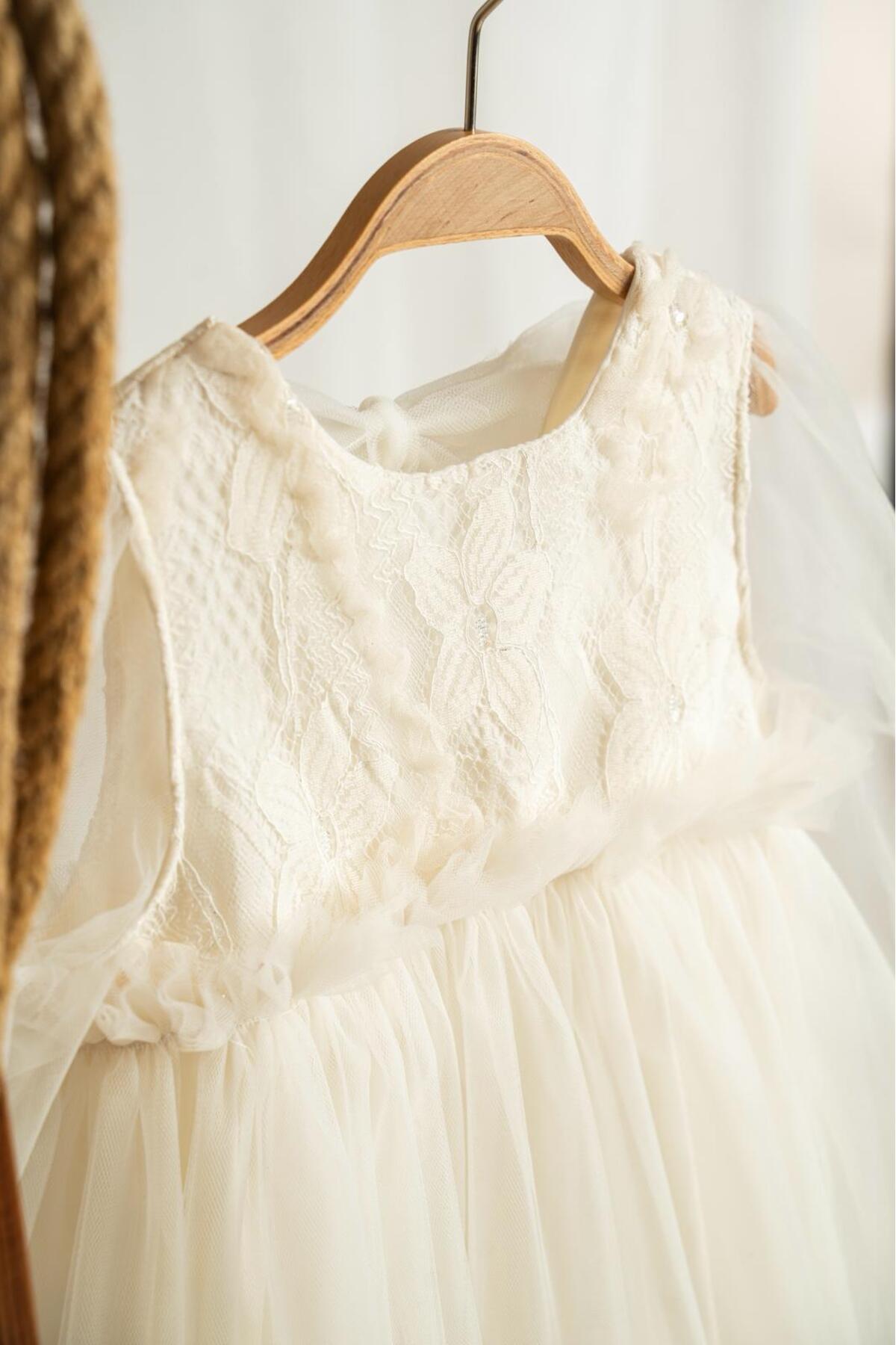 penu baby kids KREM Sırt Fiyonklu Çiçek Nakışlı Tül Etekli Uzun Tül Kollu Kız Çocuk Kız Bebek Elbise fotoğrafı 7 (önizleme)