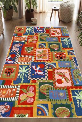 Pelura Halı Dijital Baskılı Modern Hayvan Desenli Çok Renkli Kaymaz Taban Yık...