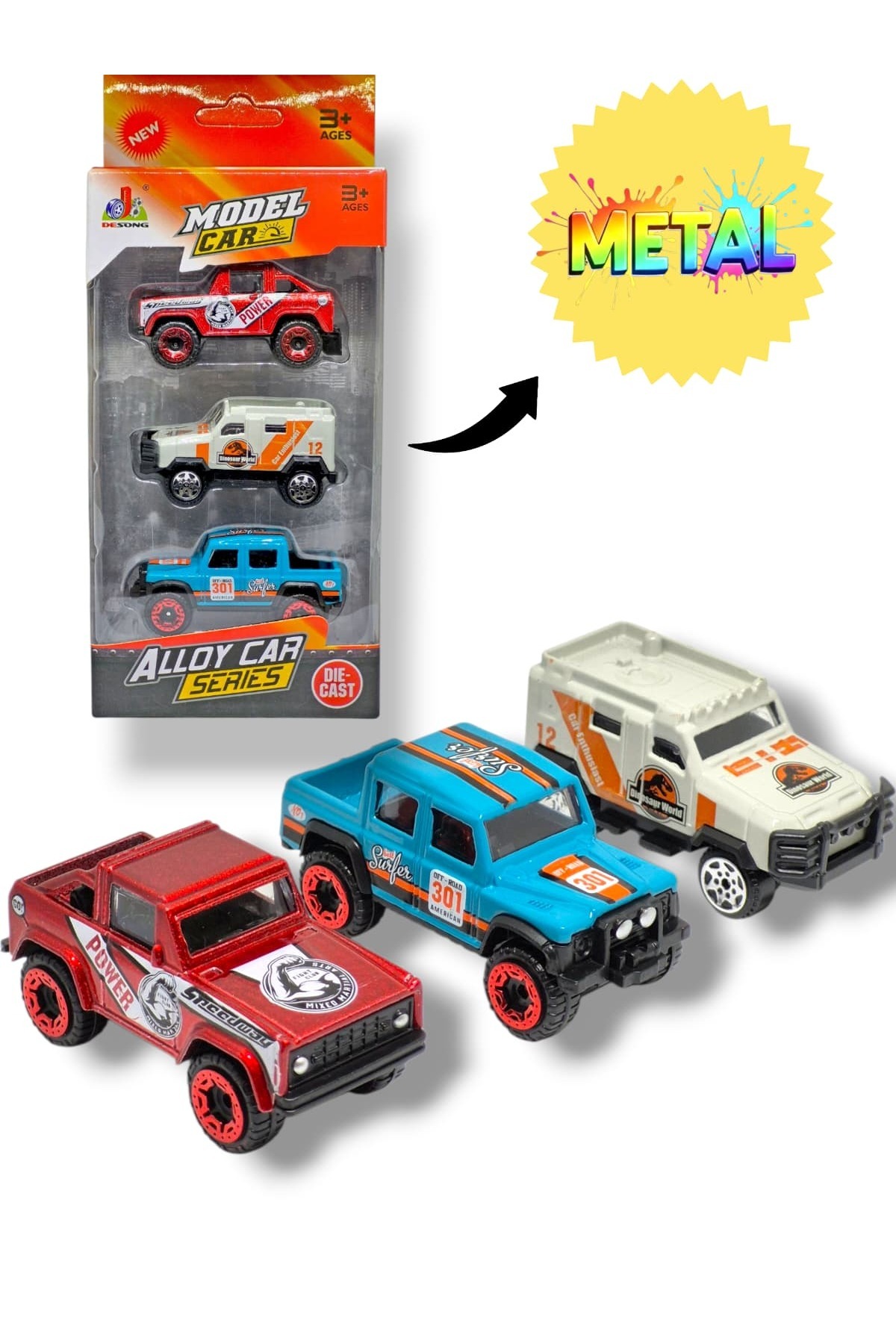 3'lü Metal Arazi Model Araba Seti (Pick-up & SUV)