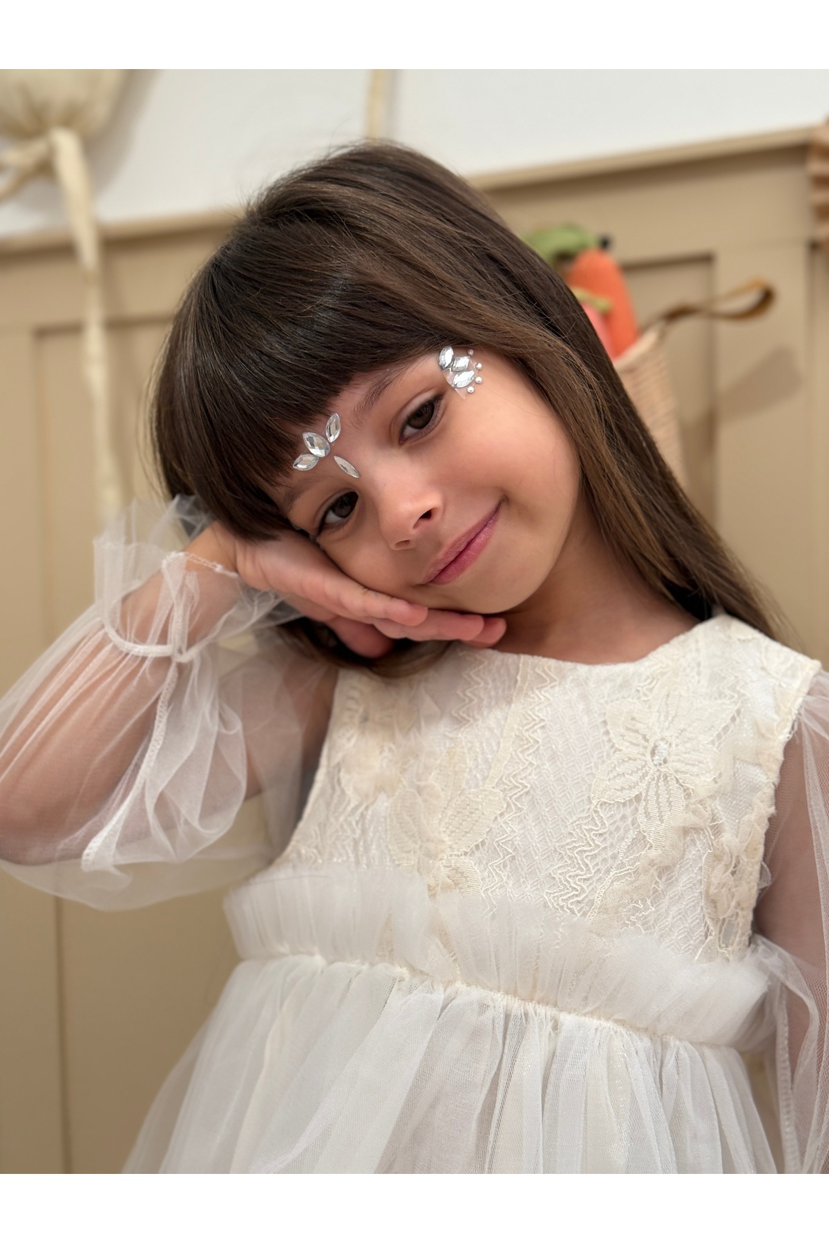 penu baby kids KREM Sırt Fiyonklu Çiçek Nakışlı Tül Etekli Uzun Tül Kollu Kız Çocuk Kız Bebek Elbise fotoğrafı 4 (önizleme)