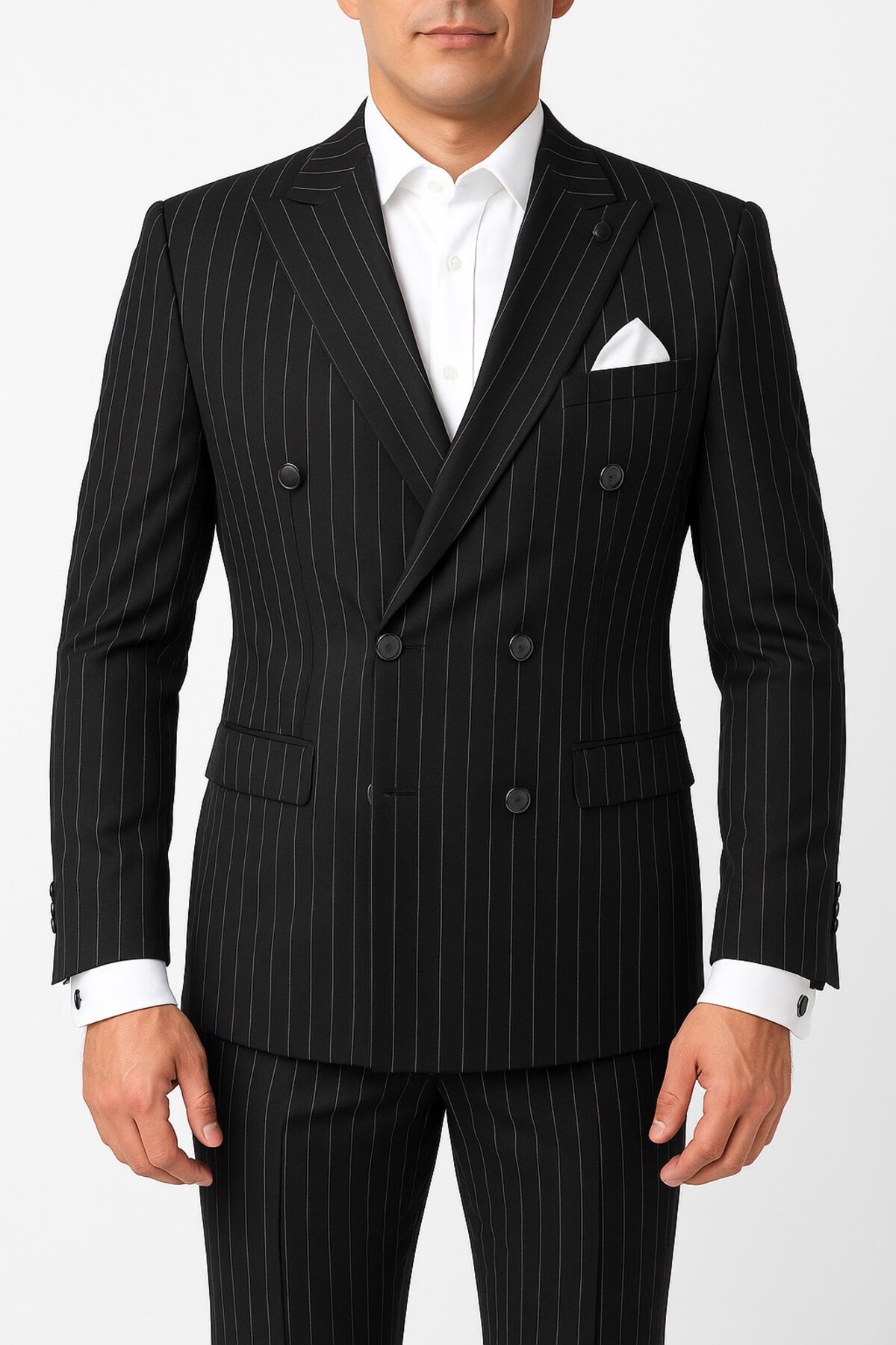 Plus Scorpion  Çizgili Kruvaze Erkek Takım Elbise – Şık ve Rahat İtalyan Kesim, Belden Oturtmalı, Top Düğmeli - Görsel 2