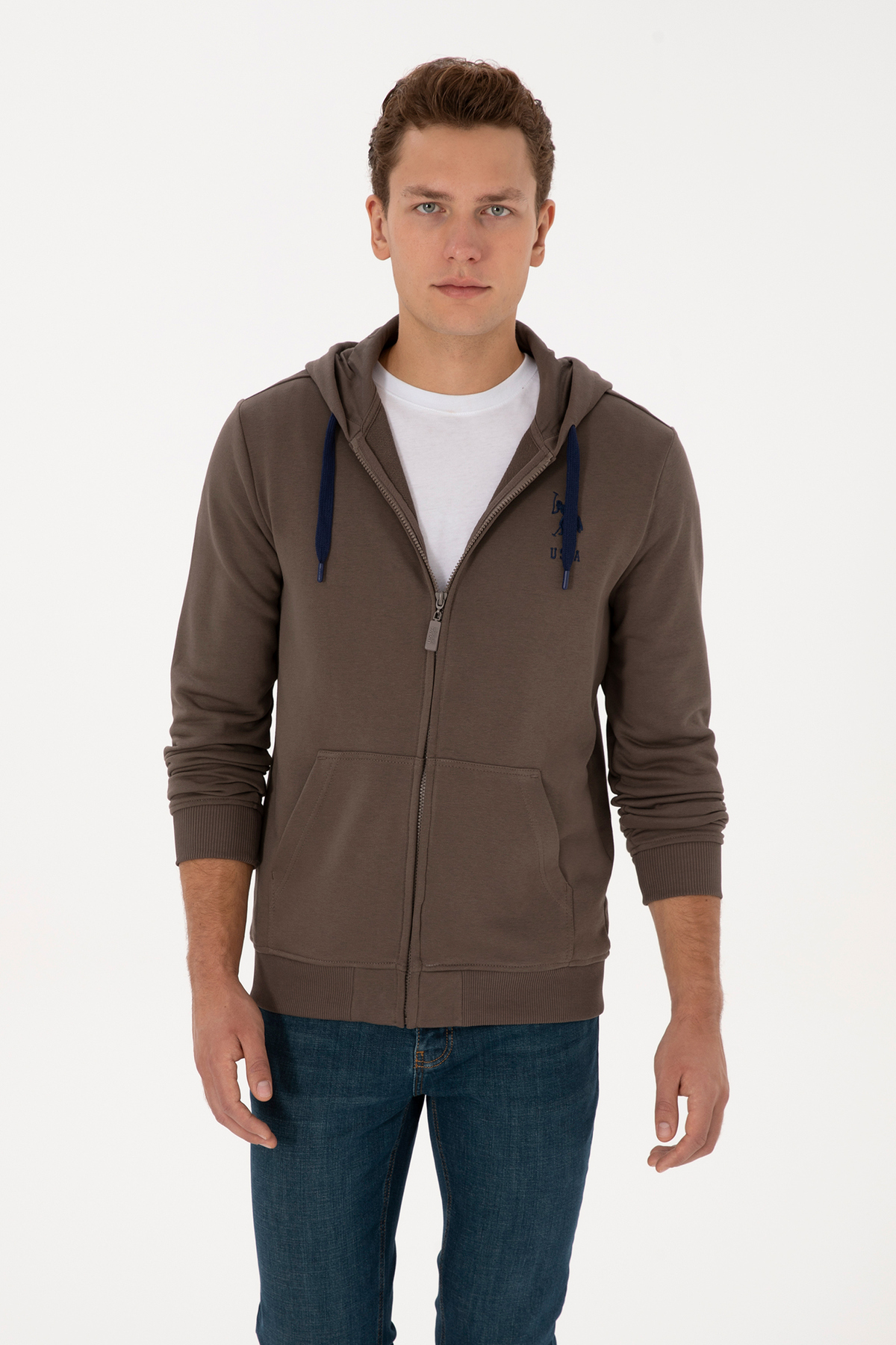 یو اس پولو ژاکت بافتنی مردانه کلاه دار زیپ دار معمولی سایز 50307765-VR052