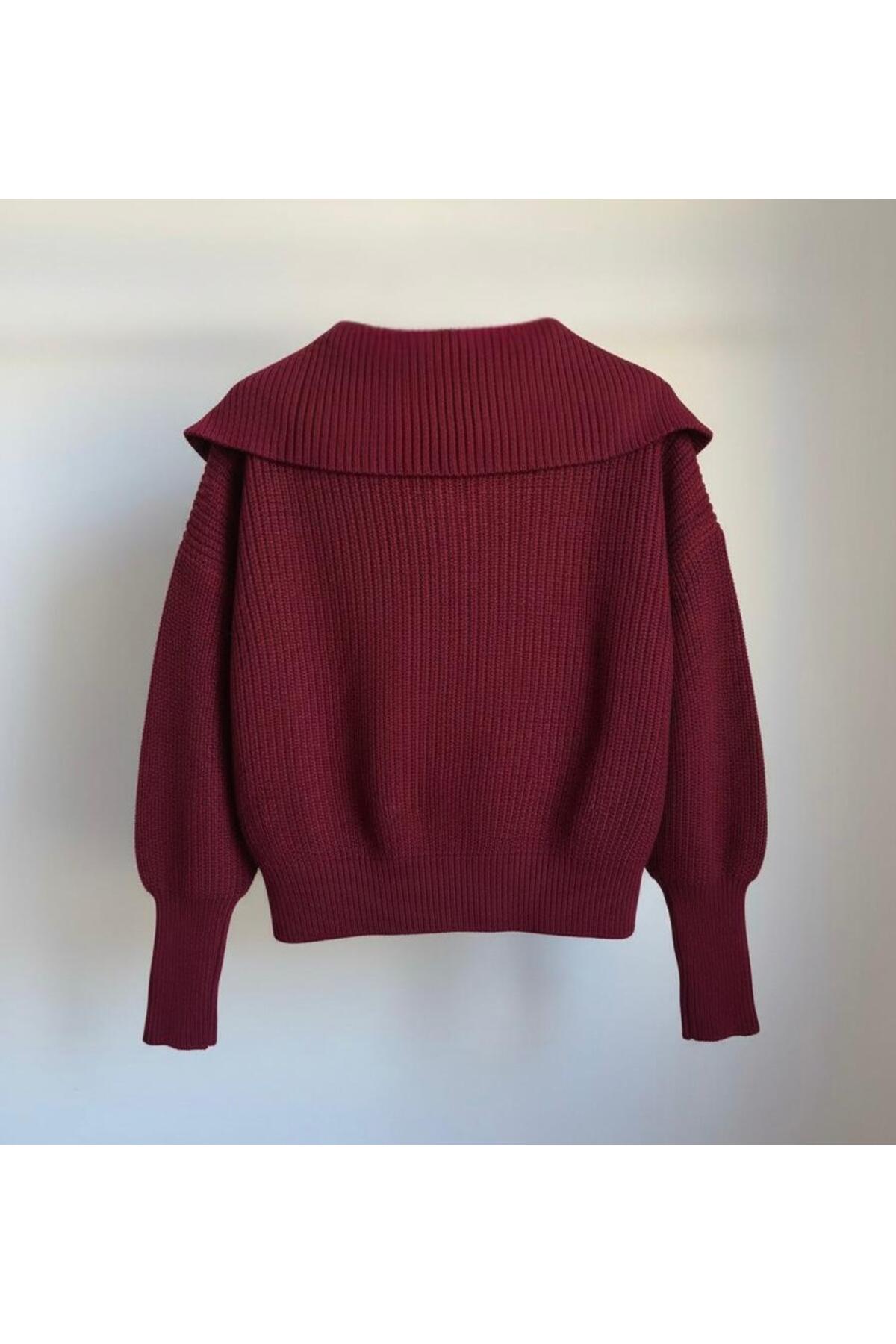 FLEX FASHION  Kadın bordo trend Devrik Yaka Fermuarlı popüler Triko Hırka - Görsel 2