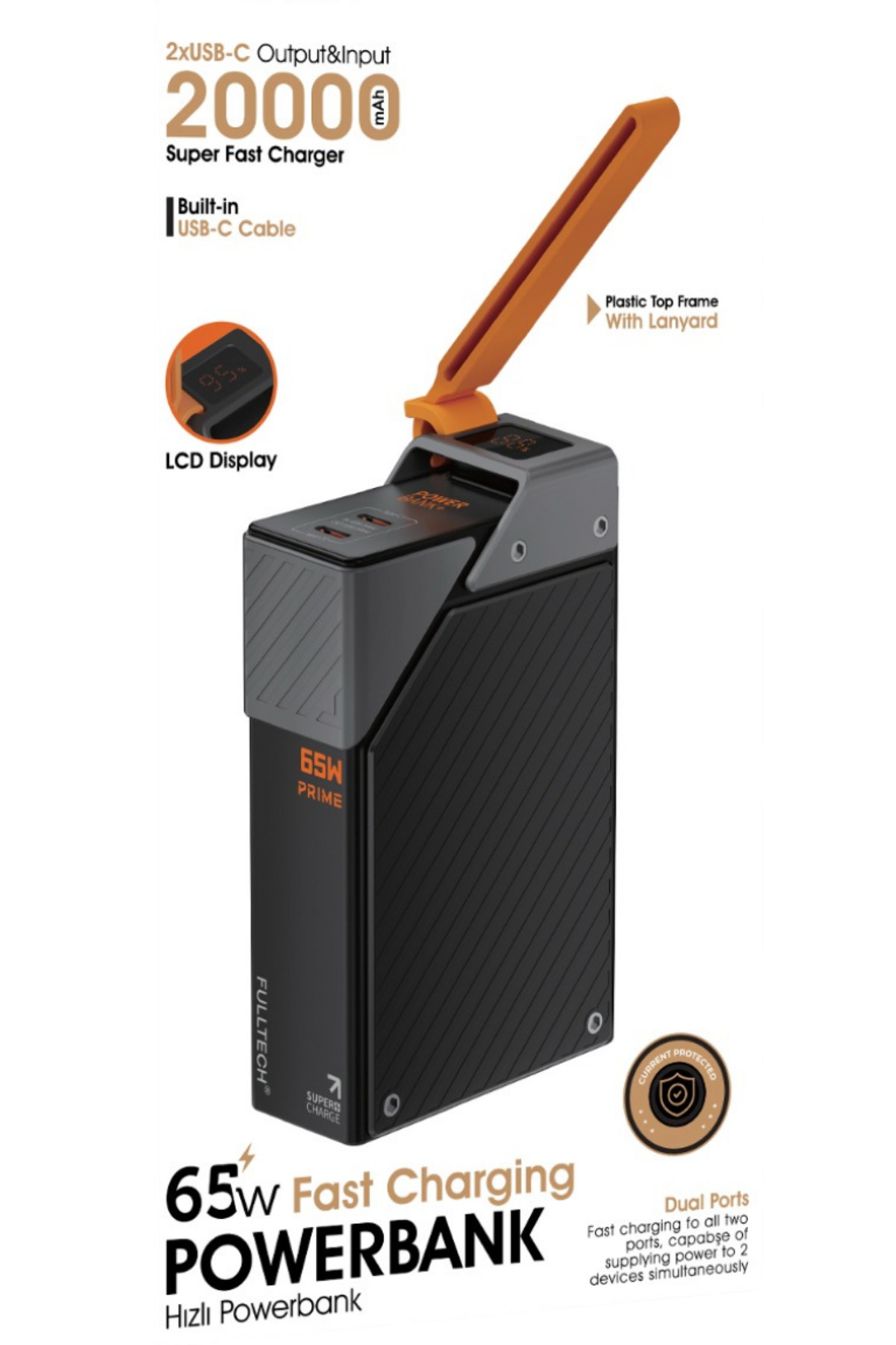 CROW'S TECH 20.000 mAh Kendinden Kablolu ve Şarj Göstergeli 65W Hızlı Şarj Özellikli Taşınabilir Powerbank