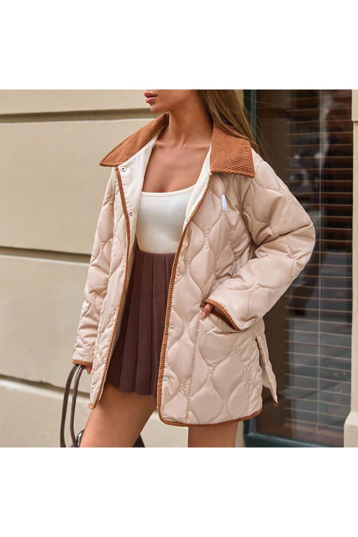 BORCKA TEKSTİL  Kadife Detaylı Kapitone Desenli Kadın Mont - Görsel 3