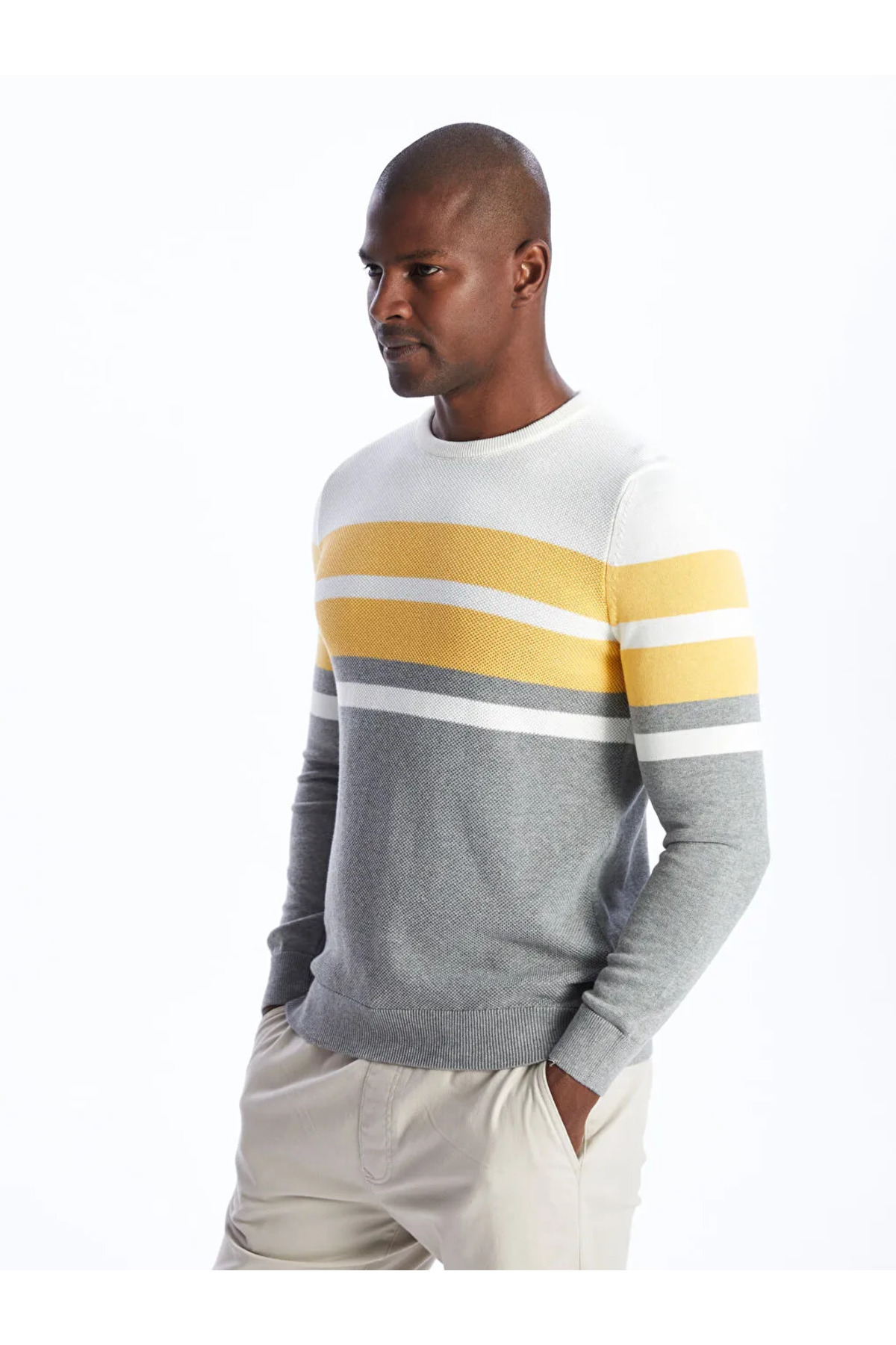 ال سی وایکیکی ژاکت بافتنی مردانه راه راه آستین بلند یقه گرد