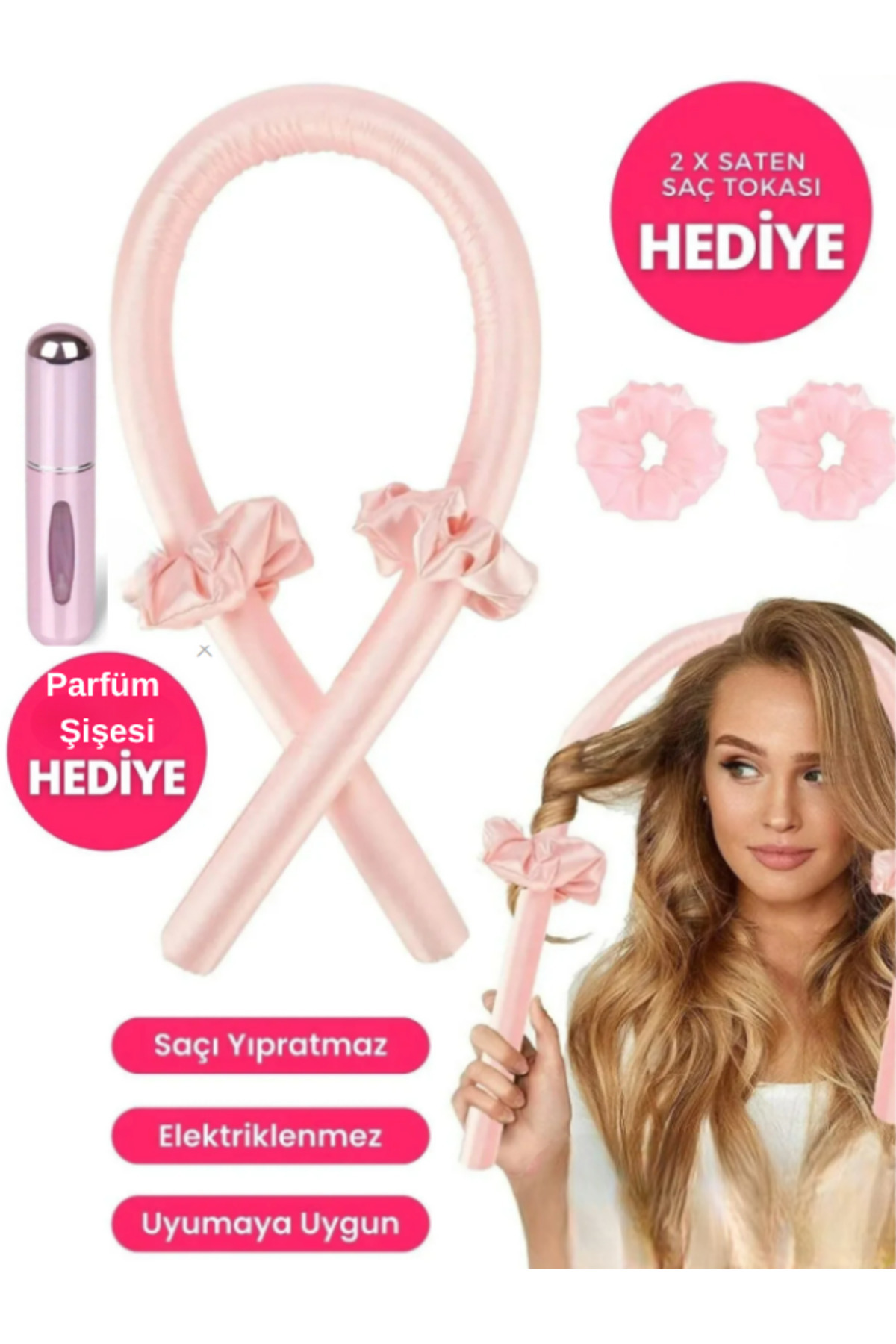 Acarlar Ticaret Isısız Saç Şekillendirme Seti Pudra Pembe Saten Saç Sosisi Saç Bigudisi Seti Saç Şekillendirici