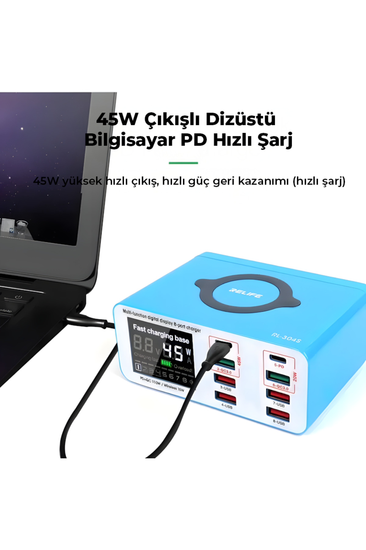 Relife RL-304S Usb-C 8+1 Portlu Kablosuz Şarj İstasyonu