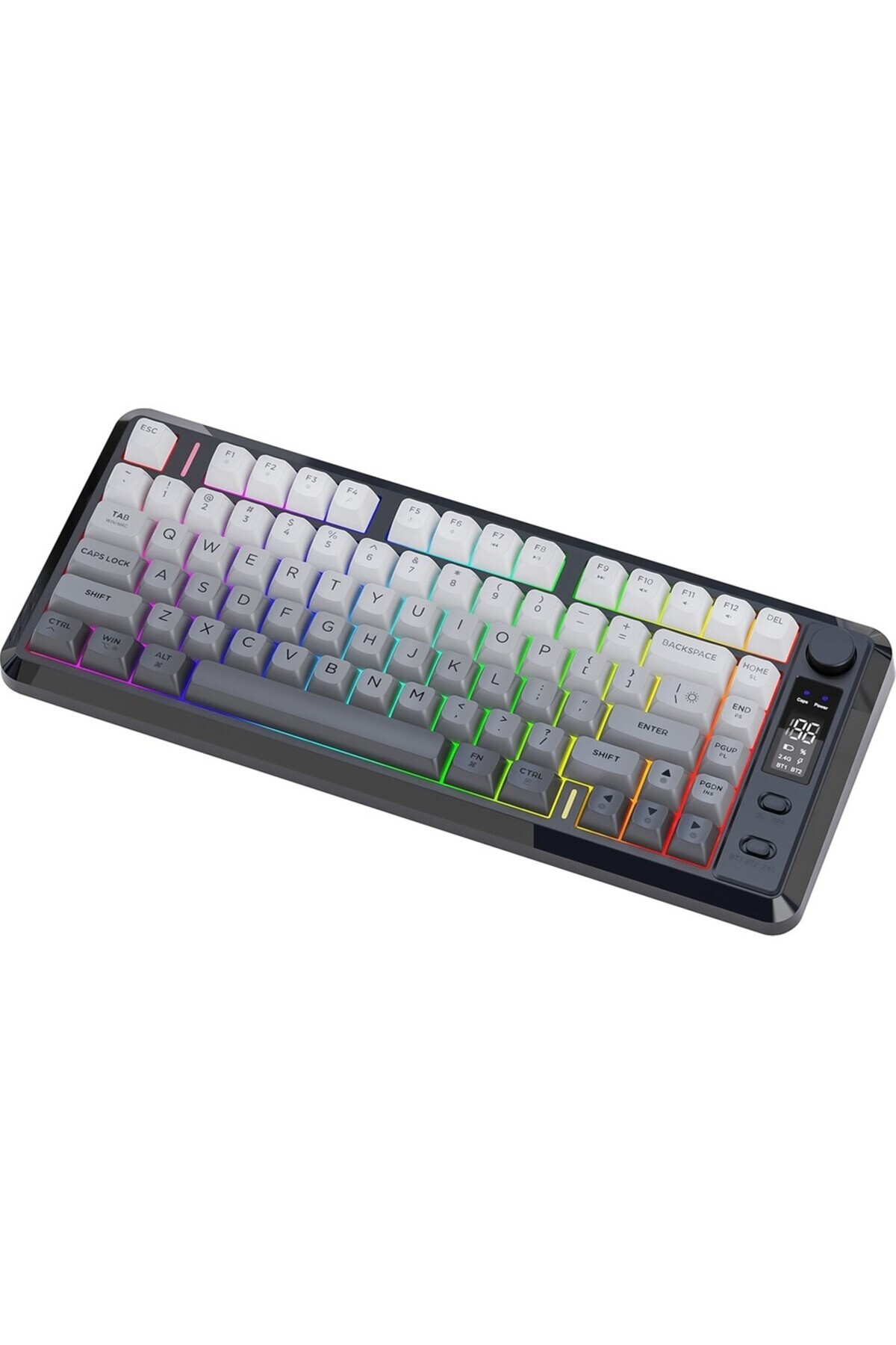 FreeWolf M75 kablosuz 2.4ghz kablosuz + bt çift Modlu klavye Led Ekranlı oyun klavyesi ile PBT Knob Rainbow