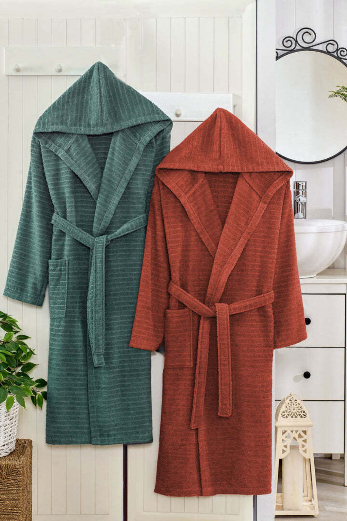 Nature 2-Piece Set Green Tile Hooded Bathrobe