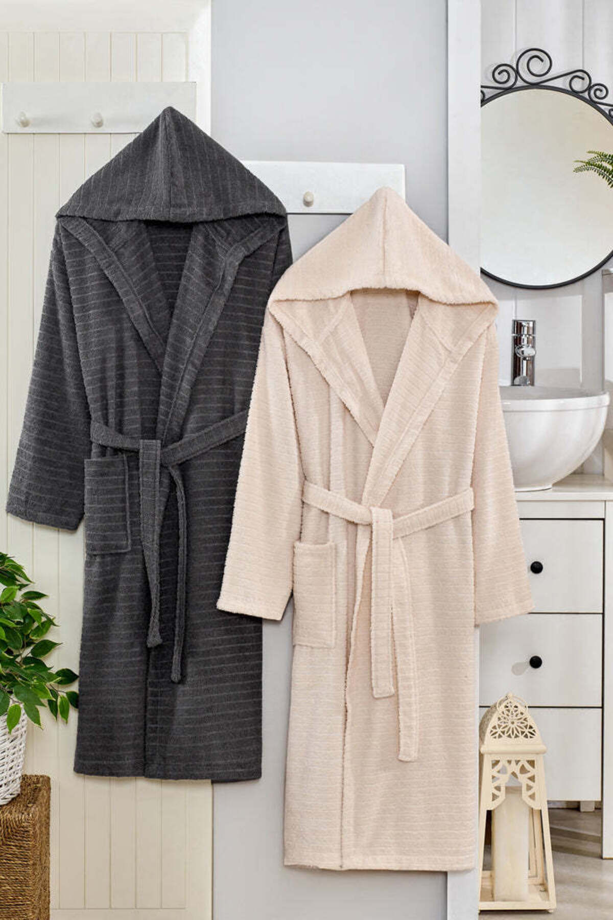Nature 2-Piece Set Anthracite Beige Hooded Bathrobe