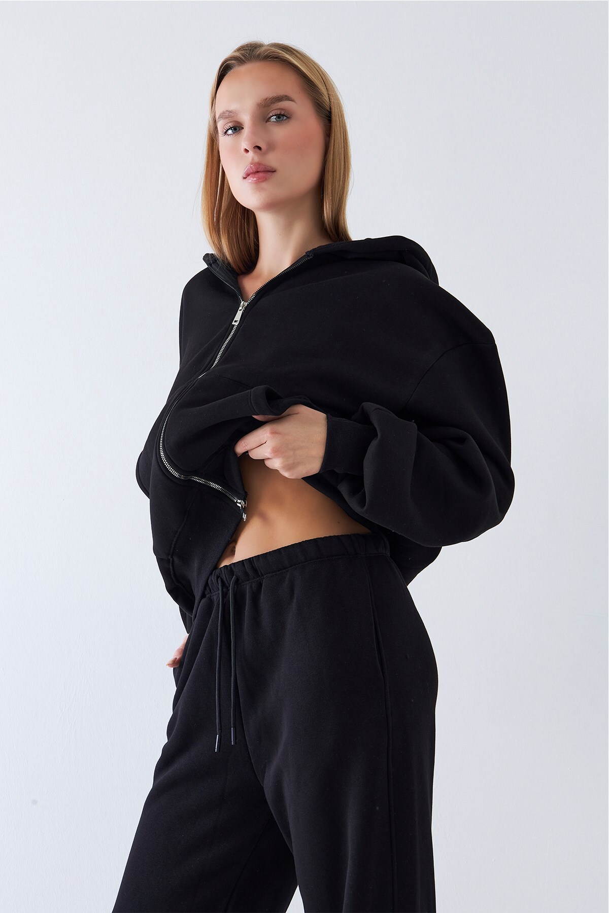 The Champ Clothing Kadın Oversize Zip Hoodie Siyah, Fermuarlı, Kapüşonlu, Kangru Cep, 3 İplik Şardonlu Polar görsel 3