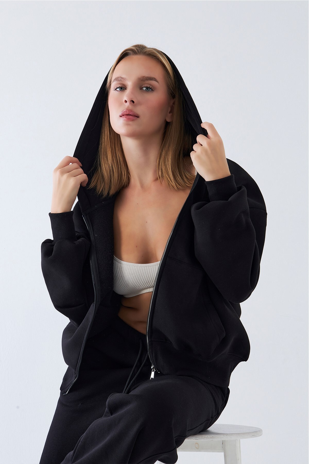 The Champ Clothing Kadın Oversize Zip Hoodie Siyah, Fermuarlı, Kapüşonlu, Kangru Cep, 3 İplik Şardonlu Polar görsel 6