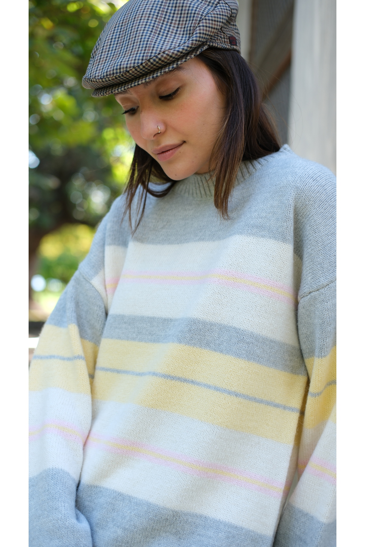 Butik Una Fiaba-Gri Oversized Crew Neck Soft Textured Knitwear