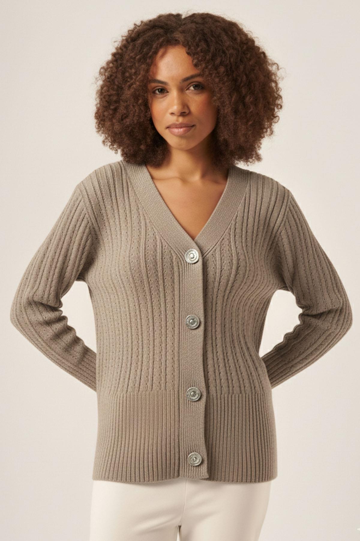 FTZ WOMEN  Kadın Saç Örgü Hırka Vizon 25237 - Görsel 3