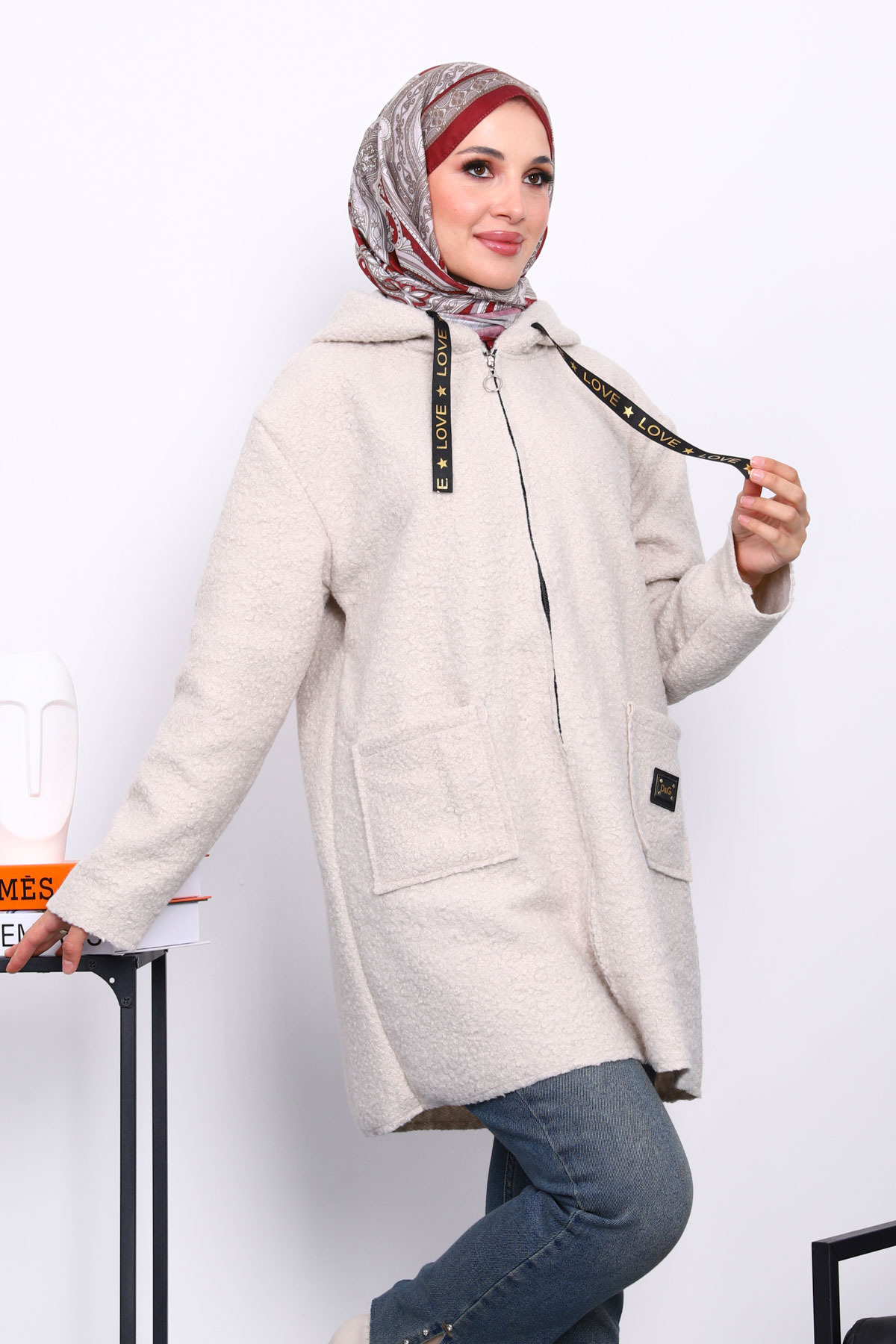İmajButik Taş Kapşonlu Cepli Buklet Kaban